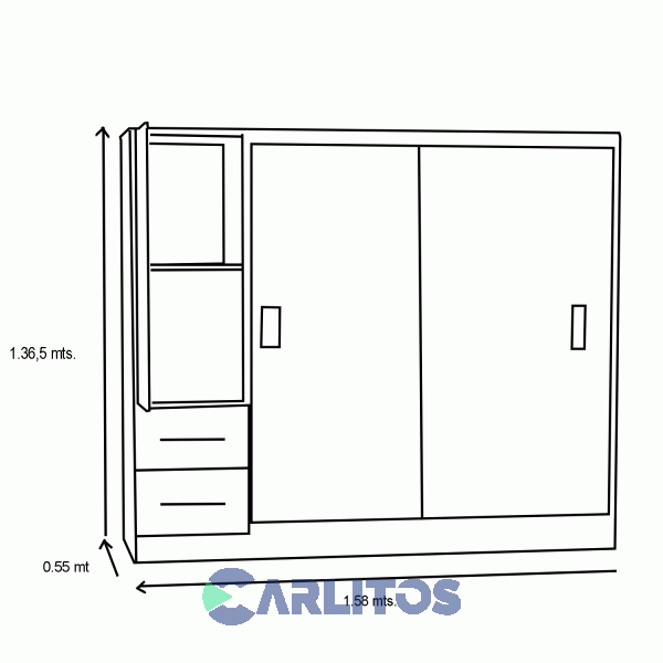 Placard 1.58mts Estudiantil Corredizo 2 Puertas 2 Cajones Orlandi Cod: 298 Jacaranda