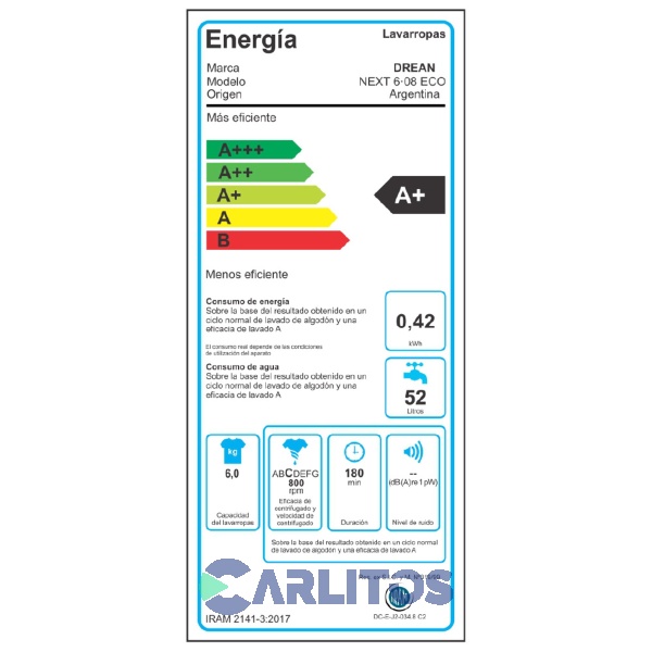 Lavarropa Carga Frontal Drean 6 KG - 800 RPM Blanco
