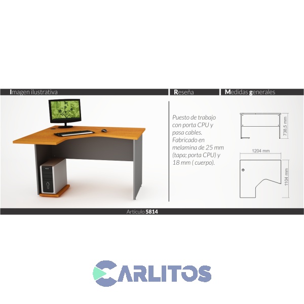 Escritorio Puesto De Trabajo Izquierdo 1.20Mts Piro Muebles Grafito/Ceniza