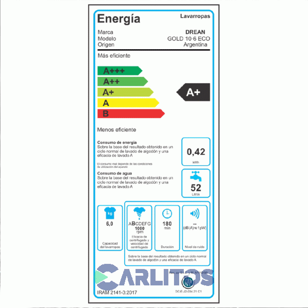 Lavarropa Carga Superior Drean 6 KG - 1000 RPM Blanco Gold Blue! 10.6 Eco+