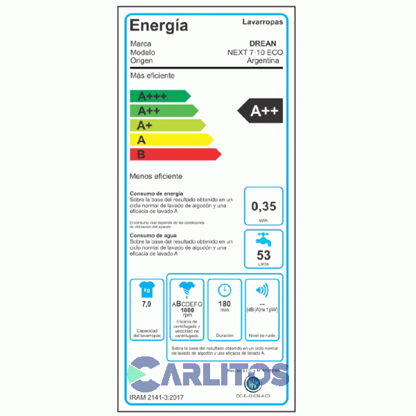 Lavarropa Carga Frontal Drean 7 KG - 1000 RPM Blanco Next 7.10 Eco