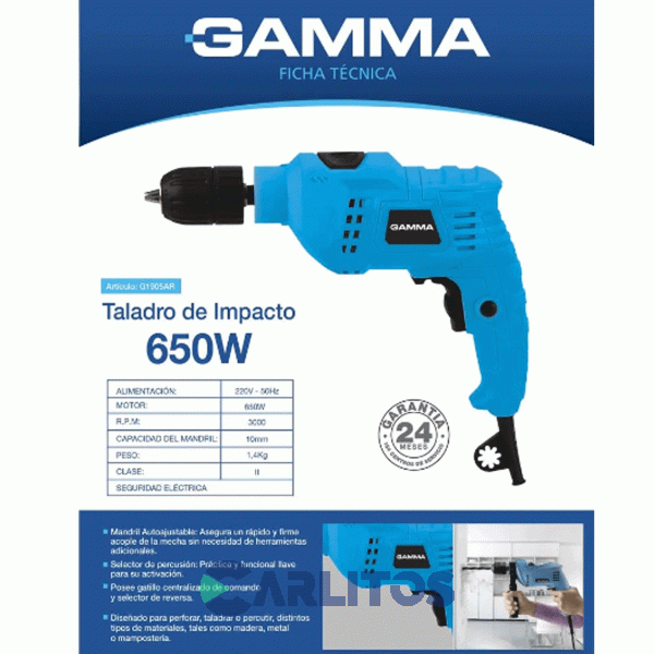 Taladro Percutor Gamma 10 Mm 650 Watts G1905ar