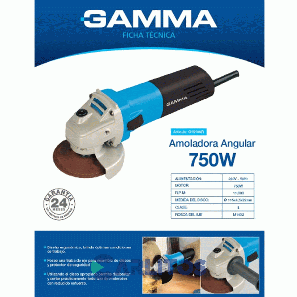 Amoladora Angular Gamma 4-1/2" 750 Watts 11000 Rpm G1910ar
