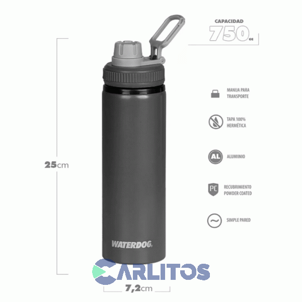 Botella Aluminio Tapa A Rosca Waterdog Tongo Dark Grafito 750ODGF