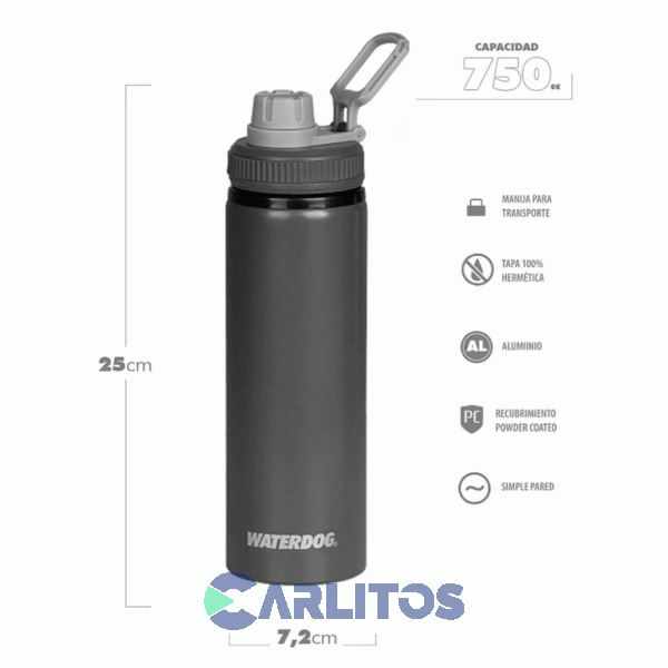 Botella De Aluminio Tapa A Rosca Waterdog Tongo Dark Grafito 750odgf