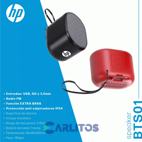 Parlante Portatil Hp Con Bluetooth 3 Watts Rms Bts01-Ro-Rojo