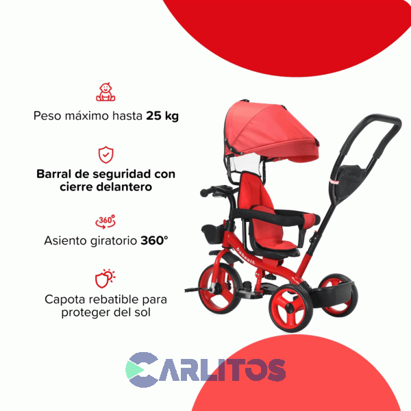 Triciclo Con Barral Y Capota-Asiento Giratorio 360° Rojo Bebesit Sl-1870
