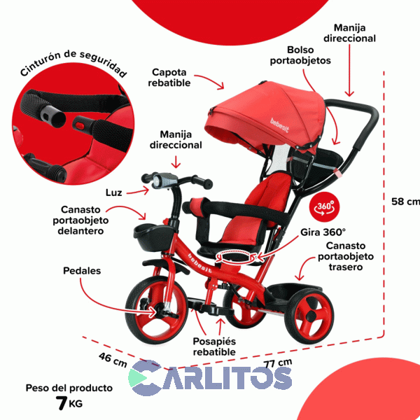 Triciclo Con Barral Y Capota-Asiento Giratorio 360° Rojo Bebesit Sl-1870