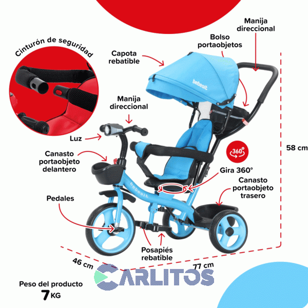 Triciclo Con Barral Y Capota-Asiento Giratorio 360° Azul Bebesit Sl-1870