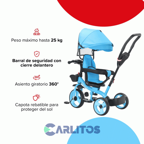 Triciclo Con Barral Y Capota-Asiento Giratorio 360° Azul Bebesit Sl-1870