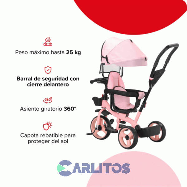 Triciclo Con Barral y Capota-Asiento Giratorio 360° Rosa Bebesit Sl-1870