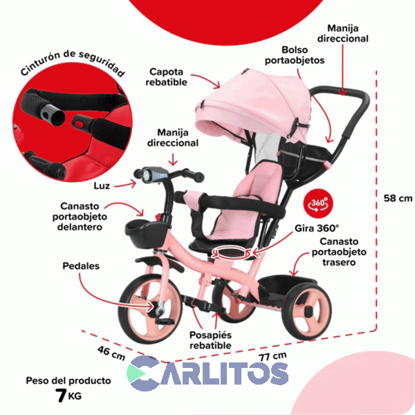 Triciclo Con Barral y Capota-Asiento Giratorio 360° Rosa Bebesit Sl-1870