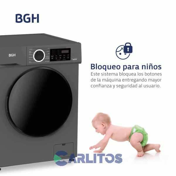 Lavarropa Carga Frontal Inverter Bgh 8 KG- 1400 RPM Gris bwfi08s24ar