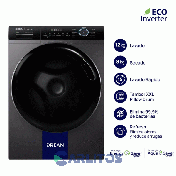 LSCDR1208SG    Lavasecarropa Carga Frontal Drean Inverter 12+8 KG - 1400 RPM Plata Lscdr1208sg