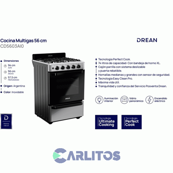 Cocina a Gas Acero Drean 56 Cm-Inoxidable 4 Multigas