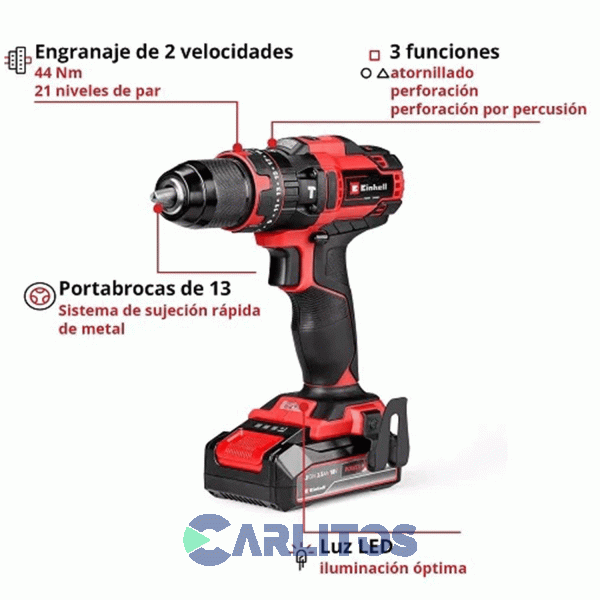 Taladro Atornillador Einhell 13 Mm Inalambrico 18 V En Kit Te-cd 18/44 Li-i (1 X 2.5Ah)