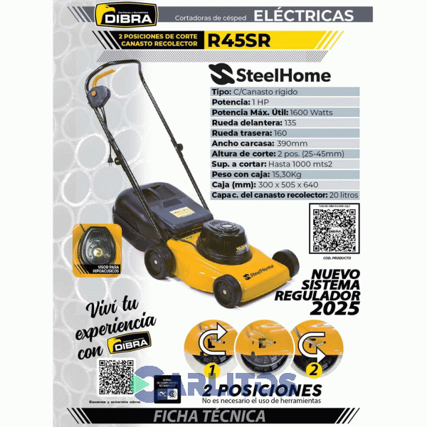 Cortadora De Césped Elect. Steel Home 1 HP Con Recolector - 2 P.Corte R45sr