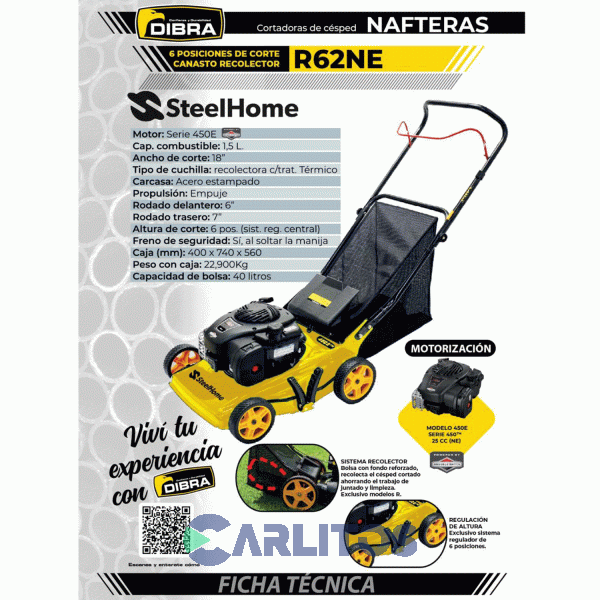 Cortadora De Césped A Explosión Steel Home 4.5 HP Con Recolector 6 P.Corte R62ne