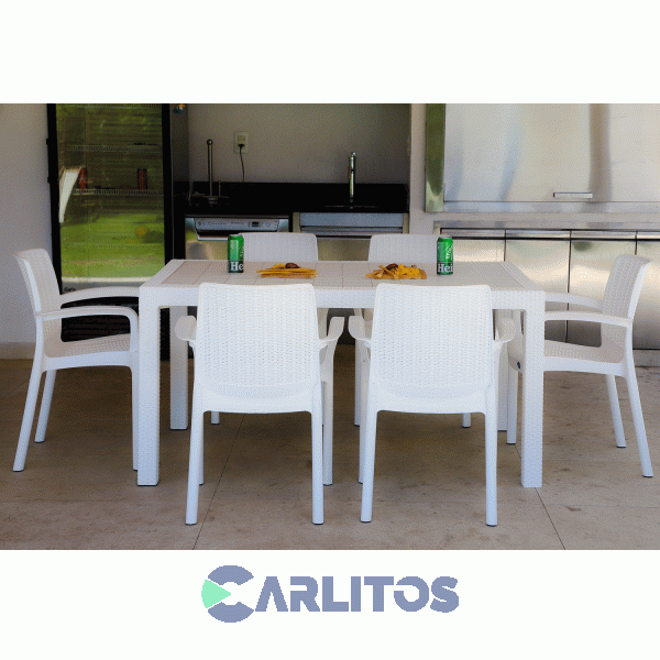 Combo Mesa Indonesia Simil Ratan 1.50 Cm Blanca Tapa Plastica + 6 Sillas Guinea Blancas Voss2000