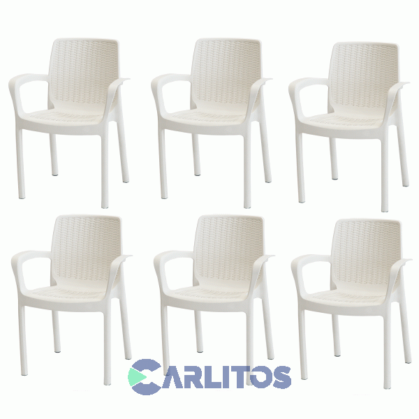 Combo Mesa Indonesia Simil Ratan 1.50 Cm Blanca Tapa Plastica + 6 Sillas Guinea Blancas Voss2000