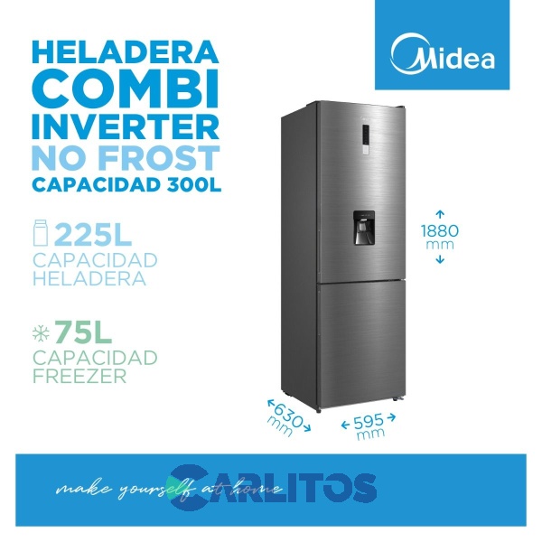 Heladera No Frost Midea Combi Inverter 300 Litros Acero Inoxidable Mdrb424fge46a-w