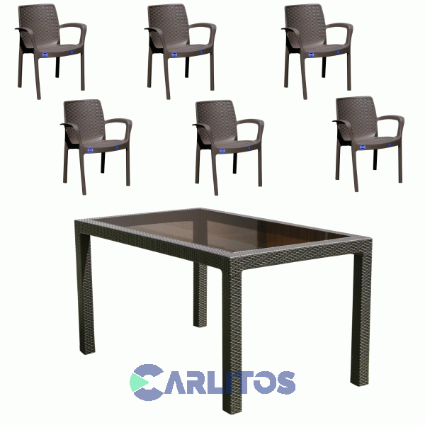 Combo Mesa Indonesia Simil Ratan  1.50 Cm Capuchino Tapa Vidrio + 6 Sillas Guinea Voss 2000