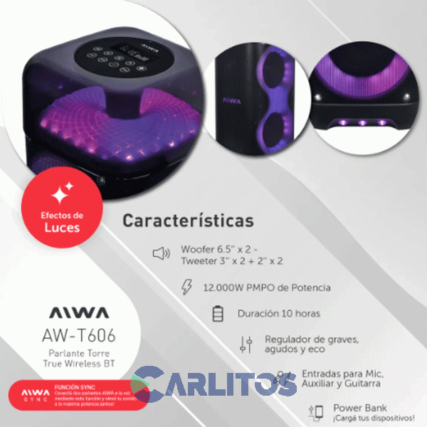 Parlante Torre Aiwa Con Bluetooth Y Bater&iacute;a 12000 Watts Aiwa Aw-t606