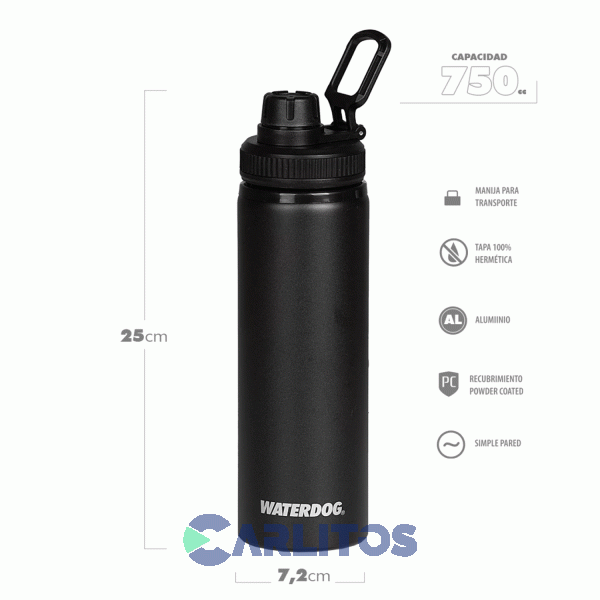 Botella De Aluminio Tapa A Rosca Waterdog Tongo750bk Negro