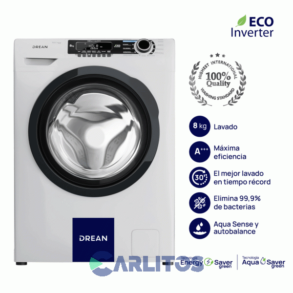 Lavarropa Carga Frontal Drean Inverter 8 KG - 1400 RPM Blanco Lcfdr0814sb0