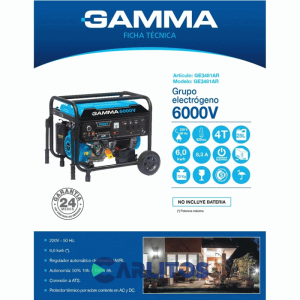 Generador Electrico Gamma Monofasico 6000 Watts Ge3481ar