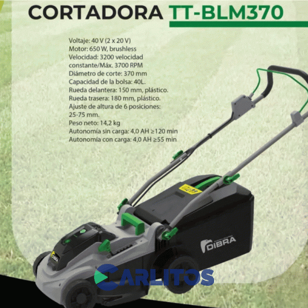 Cortadora De Cesped Inalambrica Dibra 2 x 20 V Con Recolector-6 P.Corte Tt-blm370-c