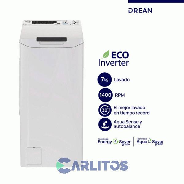 Lavarropa Carga Superior Drean Inverter 7 KG - 1400 RPM Blanco Ltdri0714pb0