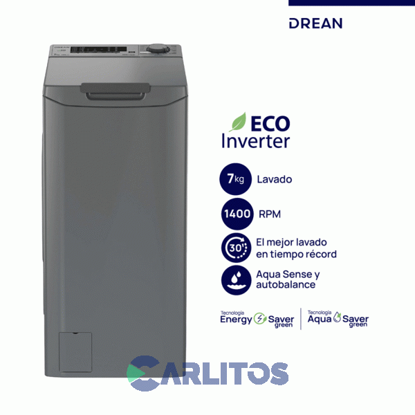 Lavarropa Carga Superior Drean Inverter 7 KG - 1400 RPM Gris Ltdri0714pg