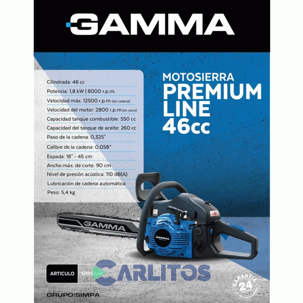 Motosierra Gamma Premium 46 CC - Espada 45 Cm G1852ar