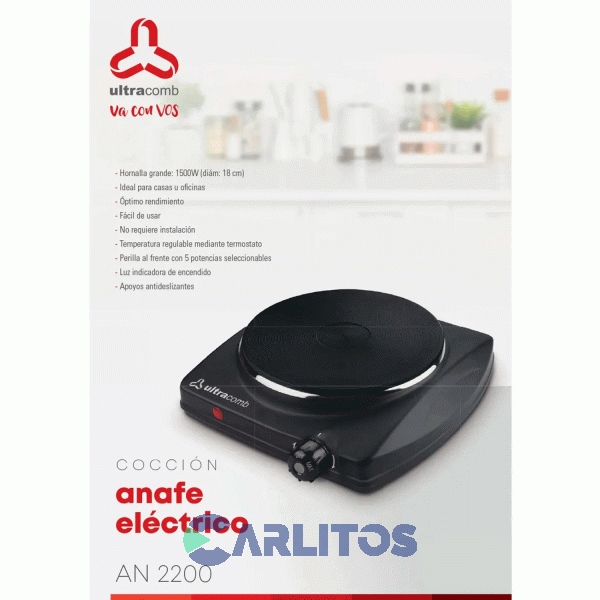 Anafe Portatil Electrico Ultracomb Negro 1500 Watts - 1 Hornalla  An-2200