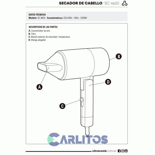 Secador De Pelo Ultracomb 2200 Watts Mango Plegable Sc4620