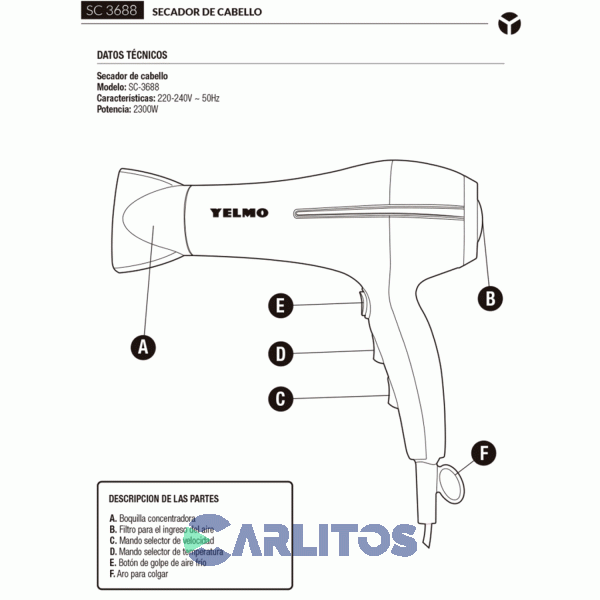 Secador De Pelo Yelmo 2300 Watts Sc3688 + Planchita De Pelo Yelmo Esencia Ap3388