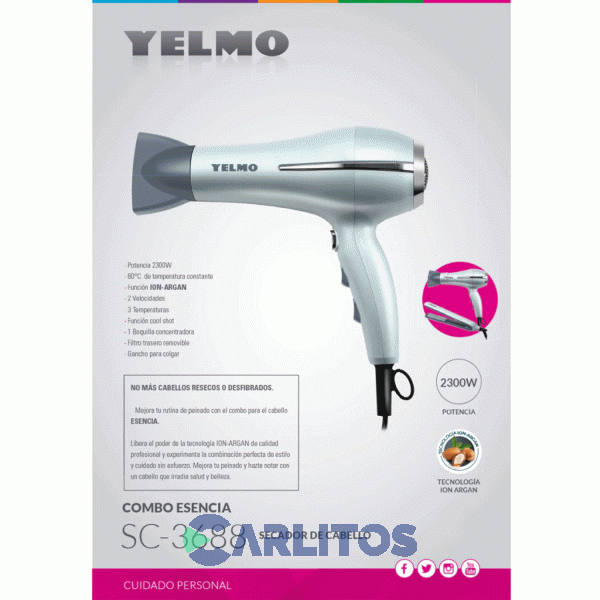 Secador De Pelo Yelmo 2300 Watts Sc3688 + Planchita De Pelo Yelmo Esencia Ap3388