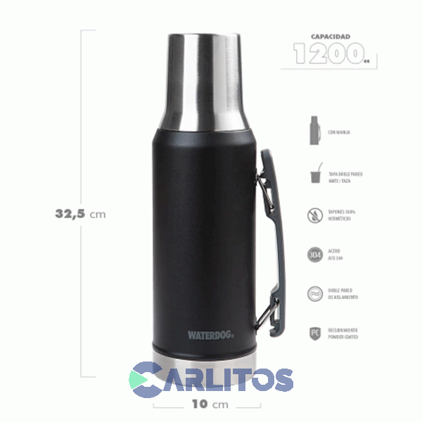 Termo De Mate Waterdog Con Tapa Multifunci&oacute;n Y Manija 1.2 Litros Ronda1200bk Negro