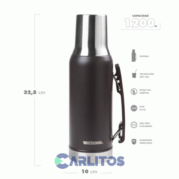 Termo De Mate Waterdog Con Tapa Multifunci&oacute;n Y Manija 1.2 Litros Ronda1200ch Chocolate