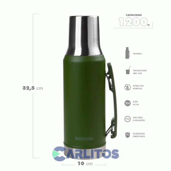 Termo De Mate Waterdog Con Tapa Multifunci&oacute;n Y Manija 1.2 Litros Ronda1200gm Verde
