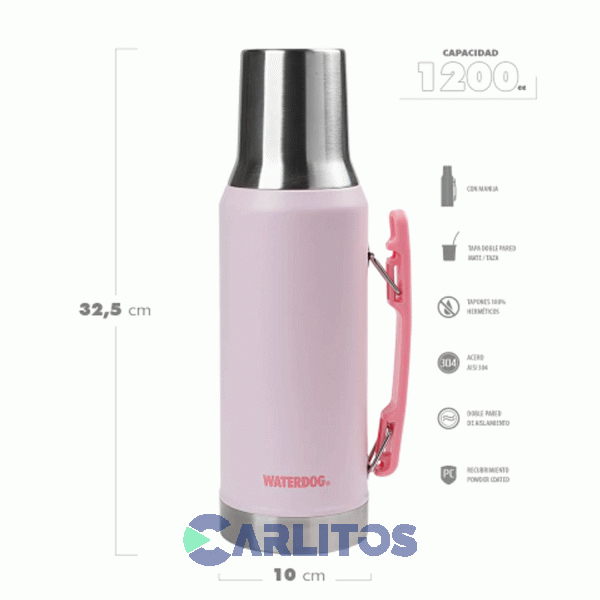 Termo De Mate Waterdog Con Tapa Multifunci&oacute;n Y Manija 1.2 Litros Ronda1200pk Rosa