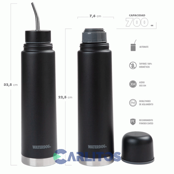 Termo Automate Waterdog 2 En 1 Acero Inoxidable 700 CC Negro Yunta700bk