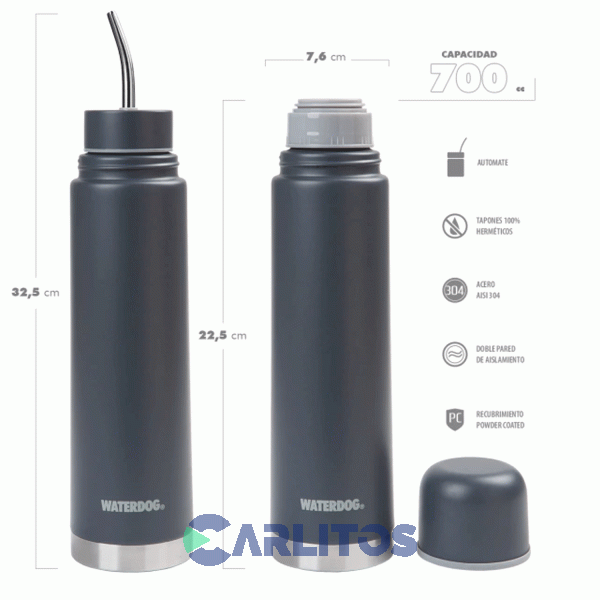 Termo Automate Waterdog 2 En 1 Acero Inoxidable 700 CC Gris Grafito Yunta700dgf