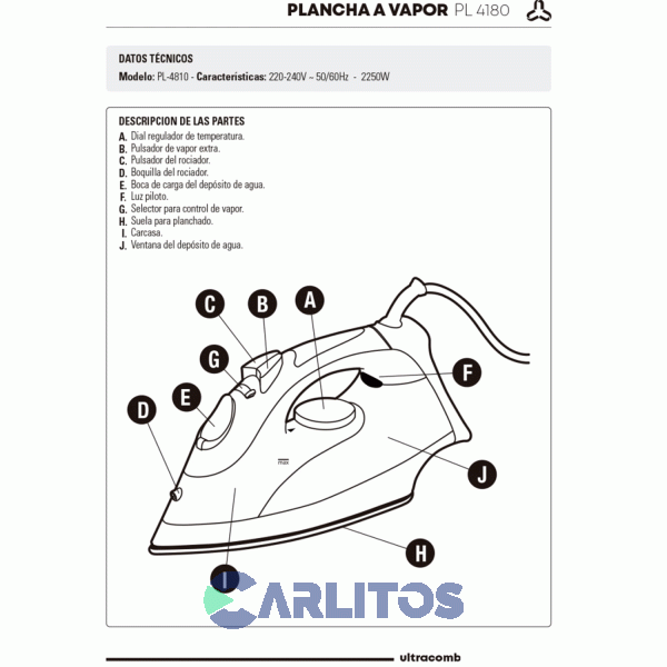 Plancha A Vapor Ultracomb 2250 Wts Suela Ceramica Pl4180