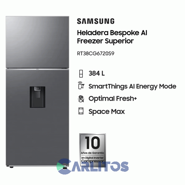 Heladera No Frost Samsung Inverter 384 litros Acero Inoxidable Rt38cg6720s9b3