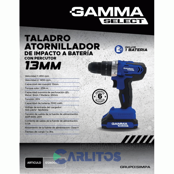 Taladro Atornillador Gamma 13 Mm Inalambrico 20 V G12600ar