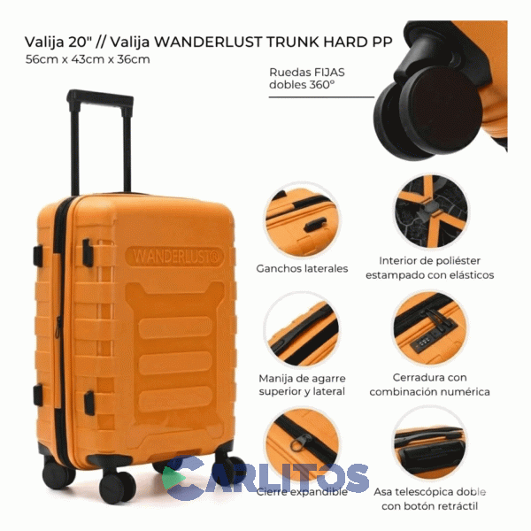 Valija 20" Rigida 4 Ruedas Giratorias Wander Lust 41555 Amarillo