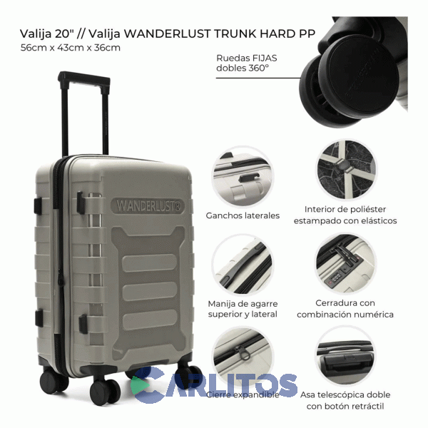 Valija 20" Rigida 4 Ruedas Giratorias Wander Lust 41557 Gris Claro