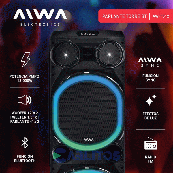 Parlante Torre Aiwa Con Bluetooth Y Bateria 18000 Watts Pmpo Aw-T512